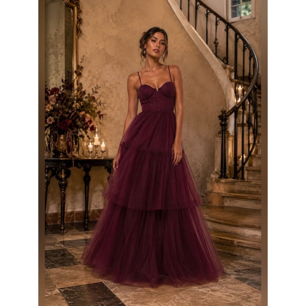 Lulus Unforgettable Poise Plum Purple Tulle Bustier Tiered Maxi Dress Large NEW